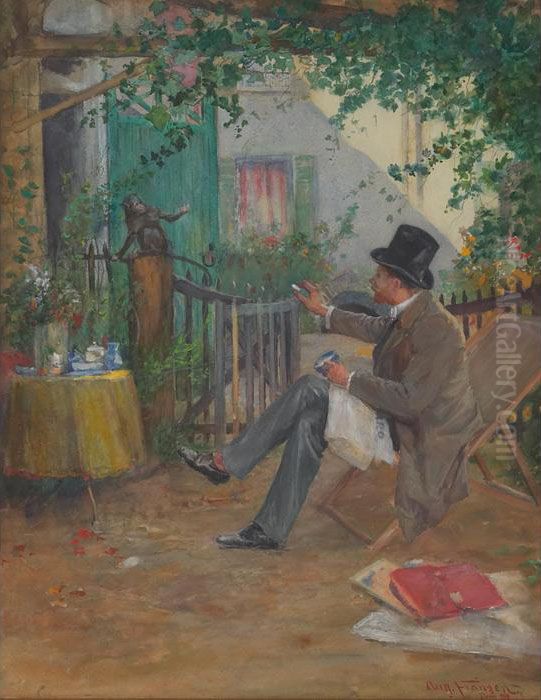Man With Monkey Oil Painting by August Franzen