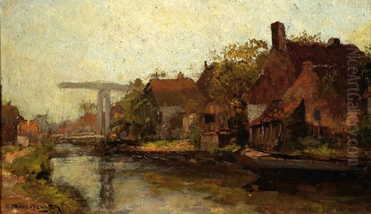 View Of A Bridge And Houses By Water Oil Painting by Hendrik Frauenfelder