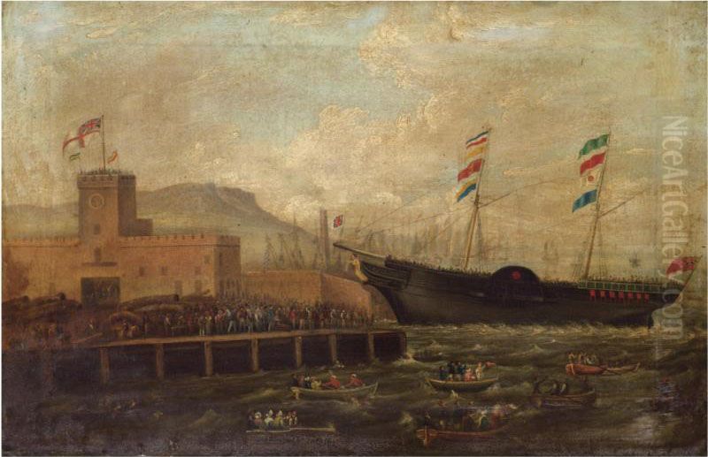 Launch Of The Steamship Aurora , From Belfast Harbour 1839 Oil Painting by Hugh Frazer