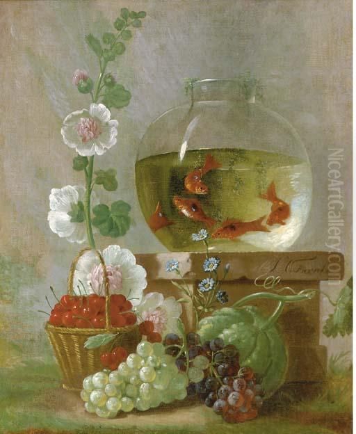 Goldfish In A Bowl On A Ledge Beside Cherries And Other Fruit And Flowers Oil Painting by Johannes Hendrick Fredriks