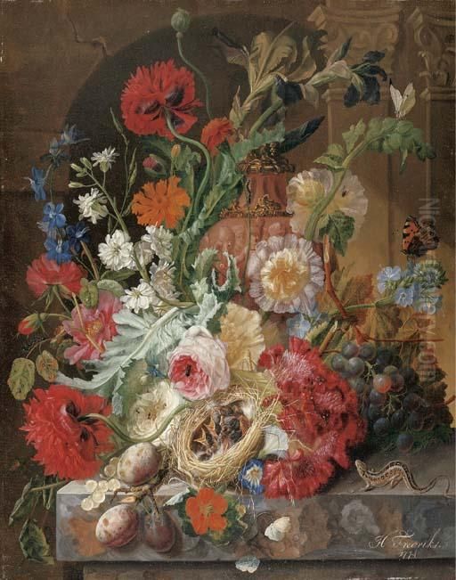 Irises, Peonies, Roses, And Other Flowers Surrounding A Terracotta Urn, With A Birds' Nest, Grapes, And Plums Oil Painting by Johannes Hendrick Fredriks