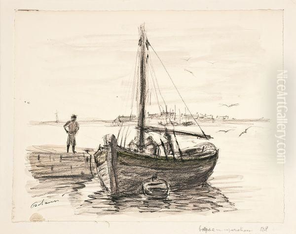 Barque En Reparation Oil Painting by Jean Frelaut