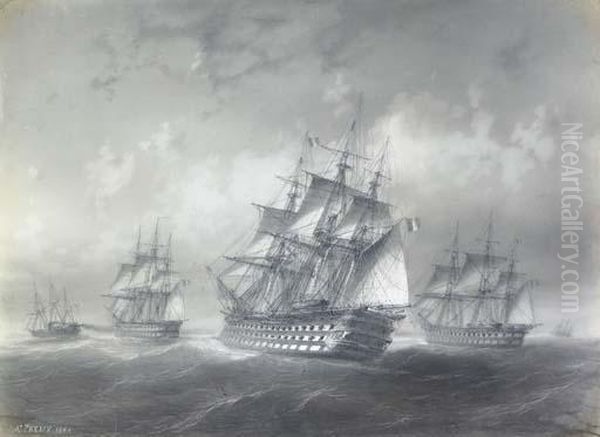 A French Sqadron Off Shore Oil Painting by Antoine Alex. Aug. Fremy