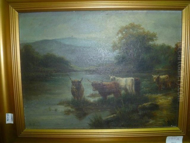 Cattle Drinking From A River Oil Painting by Frederick, Fred French