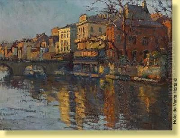 Coucher De Soleil Sur Le Pont Oil Painting by Lucien Frennet
