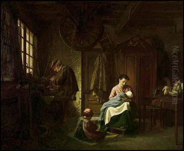 Mother And Children Oil Painting by Edouard Frere