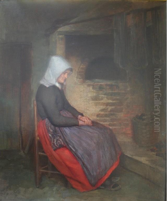 Contemplation: Old Woman Seated By A Hearth Oil Painting by Edouard Frere