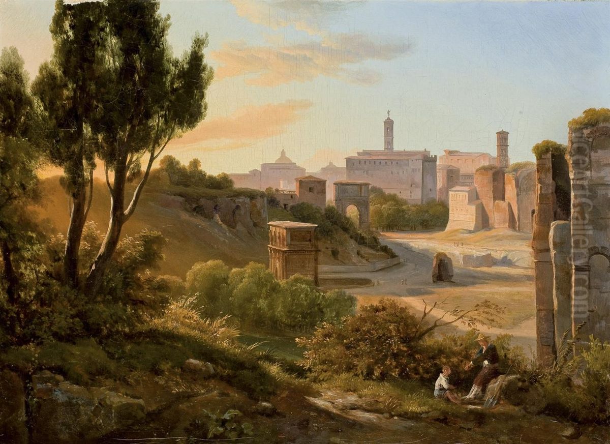 Vue Du Forum Romain, Des Promeneurs Au Premier Plan Oil Painting by Johann Jakob Frey