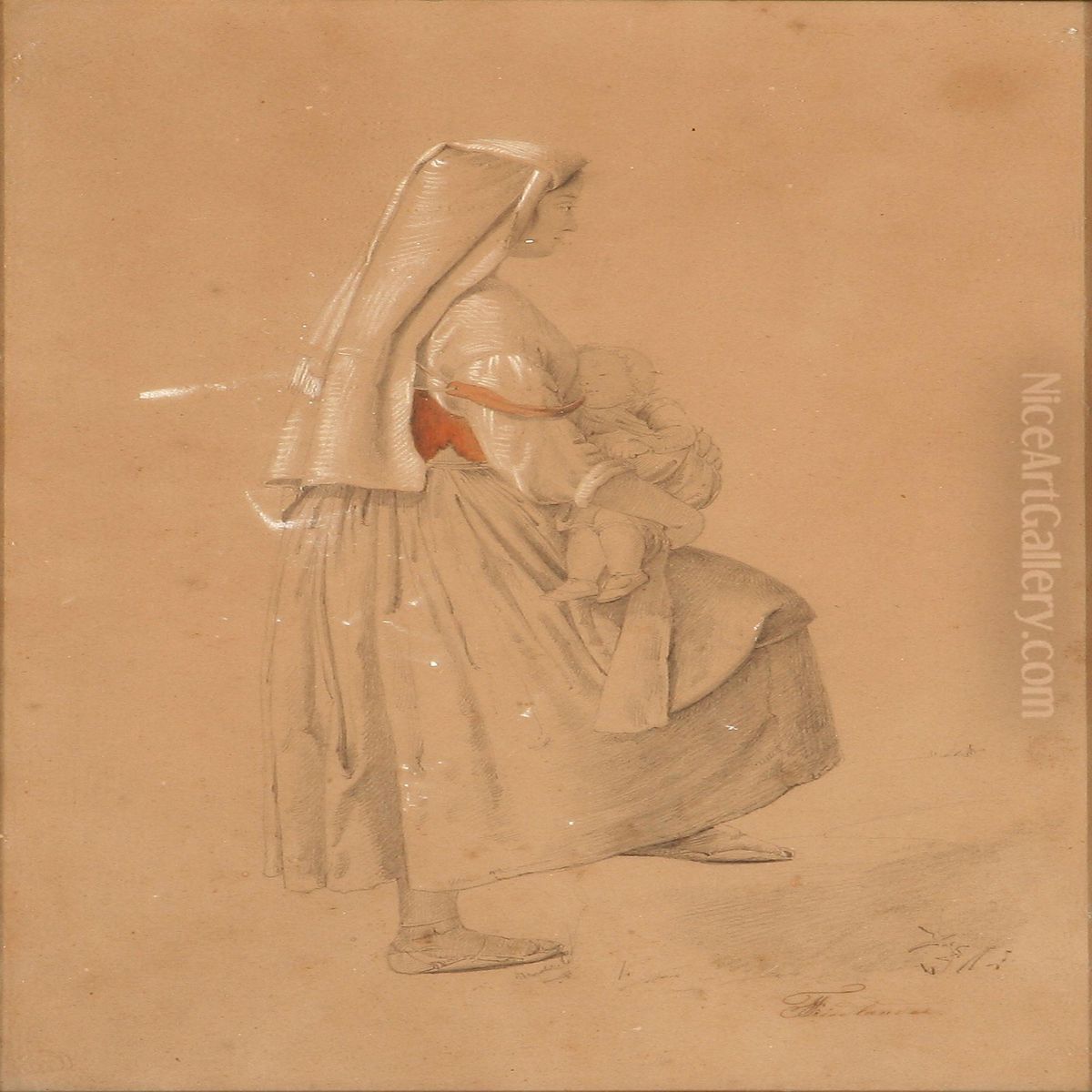 An Italian Womanwith Her Child Oil Painting by Julius Friedlaender