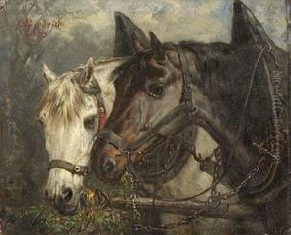 Zwei Pferde An Der Futterkrippe. Oil Painting by Gustav Adolf Friedrich