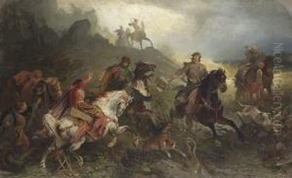 Mittelalterliche Reiterjagd. Oil Painting by Woldemar Friedrich