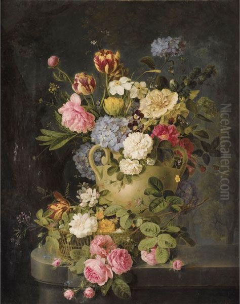 Vase De Fleurs Et Panier Sur Un Entablement De Marbre Oil Painting by Emmanuel Fries