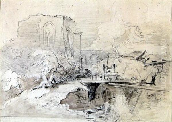 Landschaft Mit Wassermuhle Und Kirchenruine. Oil Painting by Ernst Fries