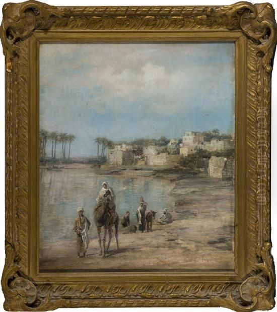 Middle Eastern Scene With People Nearwater And Figure On Camel Oil Painting by Johann Christoph Frisch