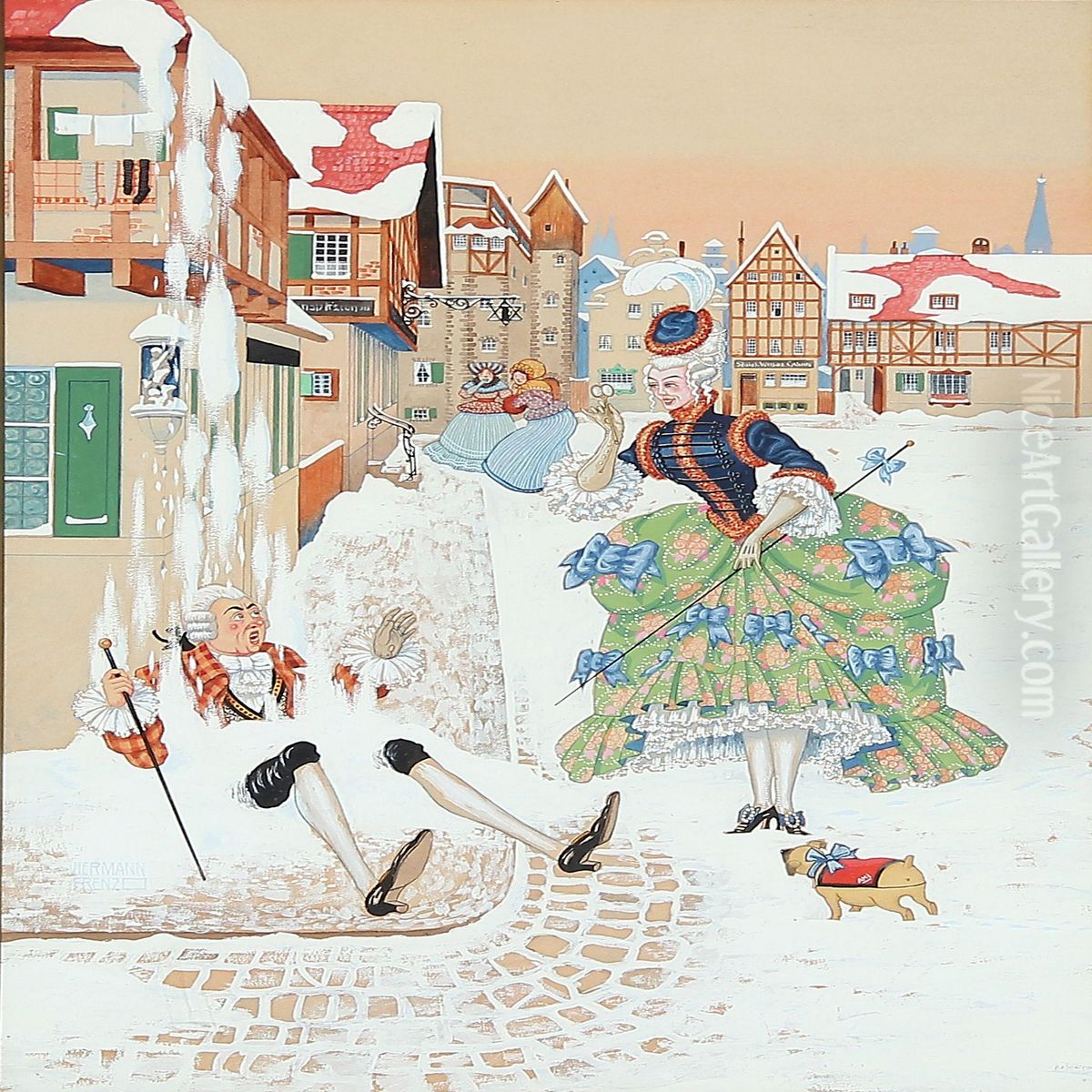 A Gentleman In A Rococo Dress Is Being Caught By Fallen Snow Oil Painting by Hermann Fritz