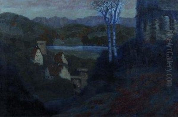Deutsches Burgstadtchen In Einem Flustal Oil Painting by Hermann Frobenius