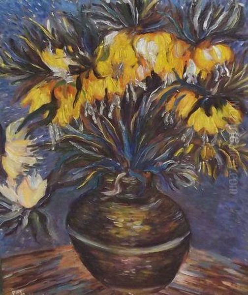 Still Life Study Of Mixed Flowers In A Vase Oil Painting by Roger Fry