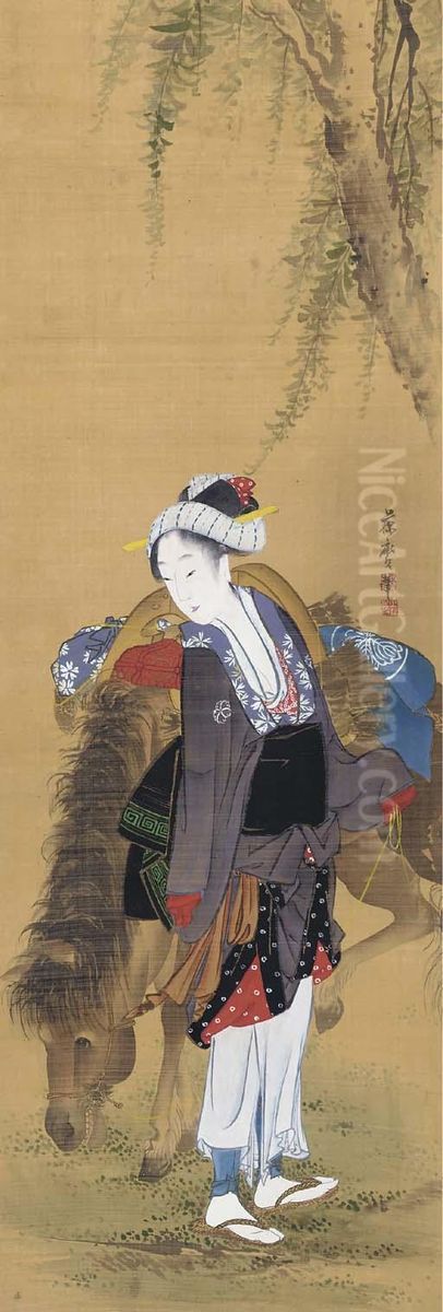 Ohara Maiden With Horse Oil Painting by Kitagawa Fujimaro