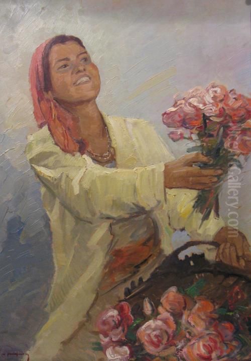 Flower Girl Oil Painting by Nicolae Furduescu
