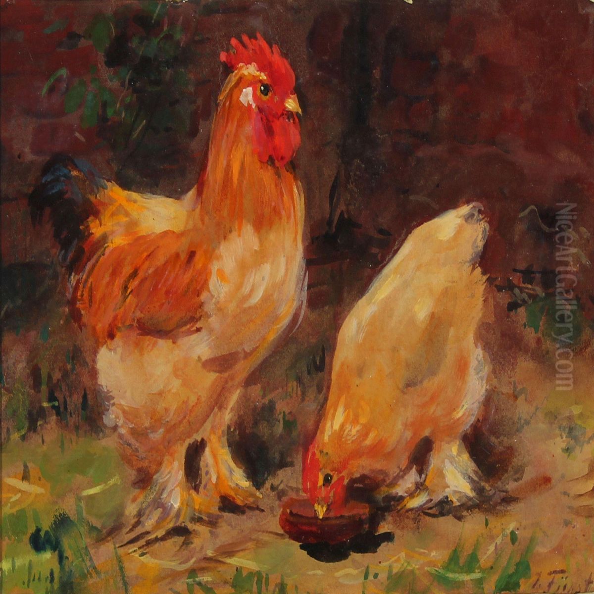 Cock And Hen Oil Painting by Julius Furst
