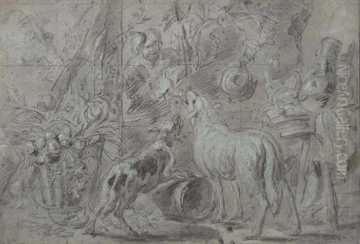 A Man Feeding Two Dogs In A Interior Oil Painting by Jan Fyt