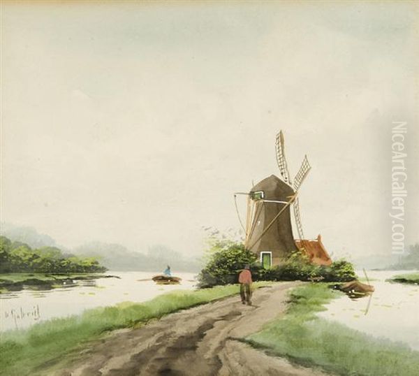 Dutch Scene With A Windmill Oil Painting by Paul Joseph Constantine Gabriel