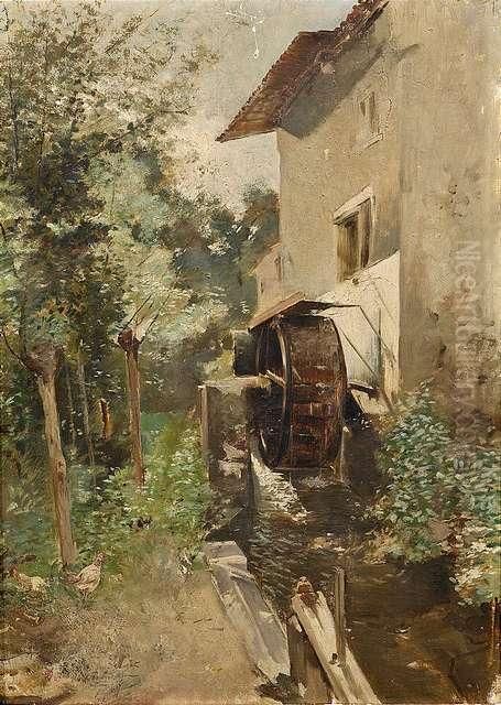 A Mill Insummery Landscape Oil Painting by Paul Leon Gagneau