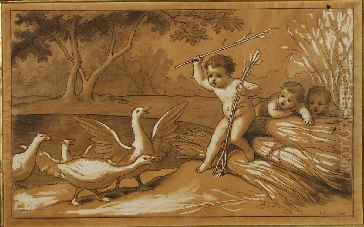 Bambini Che Scacciano Le Oche Oil Painting by Luigi Gainotti
