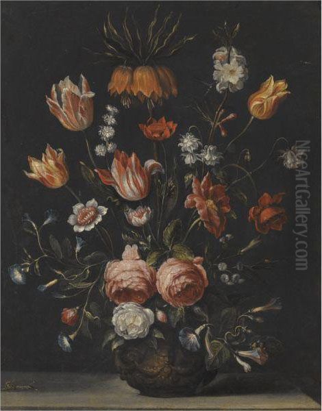 Still Life With Tulips, Roses, Petunias And Other Flowers In A Vaseresting On A Stone Plinth Oil Painting by Hieronymus Galle I