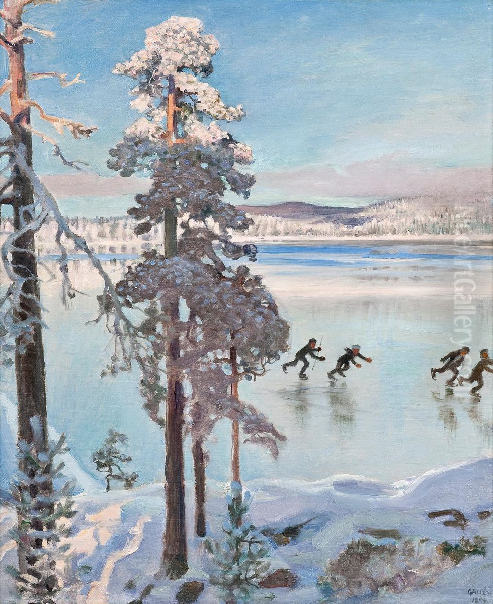 Skaters Near The Shore Ofkalela Oil Painting by Akseli Valdemar Gallen-Kallela