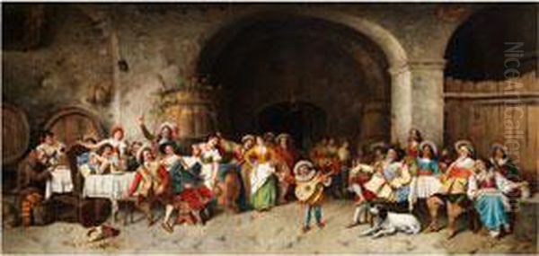 Mehrfiguriges Gelage In Einem Weinkeller Mit Lautespielendem Hofzwerg Oil Painting by Giuseppe Galli