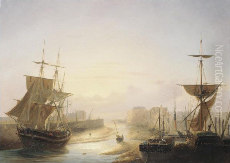 A Harbour At Sunset Oil Painting by Louis Gamain