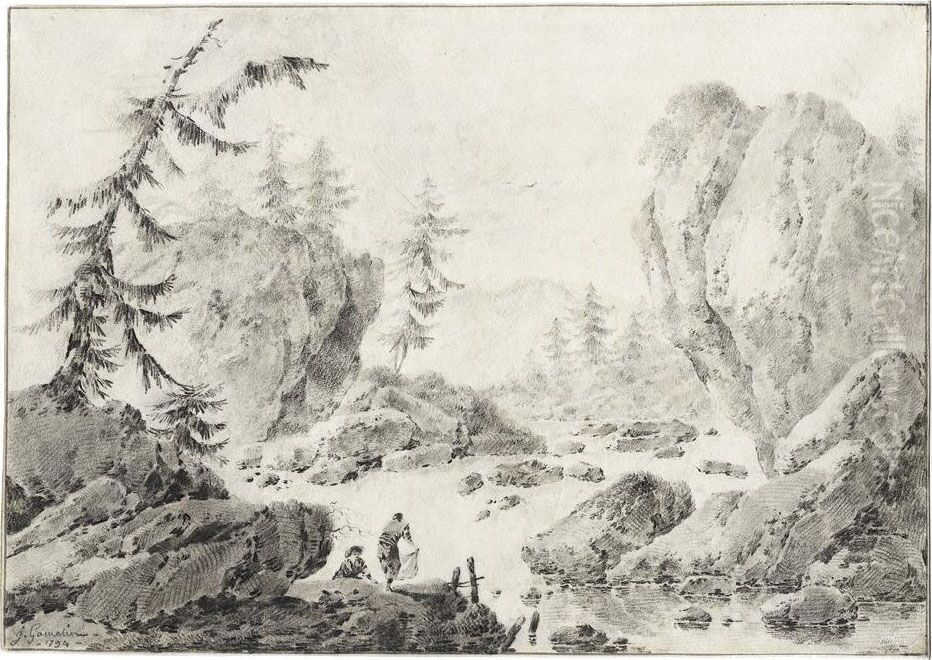 Felsige Fluslandschaft Oil Painting by Jacques Gamelin