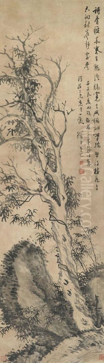 Bamboo On Old Wood Oil Painting by Xi Gang