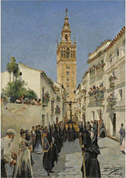 Procesion De Semana Santa En La Callle Mateos Gago, Sevilla Oil Painting by Manuel Garcia y Rodriguez