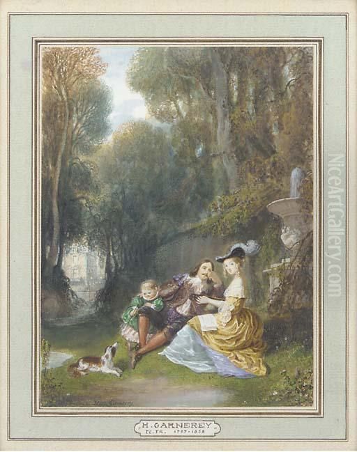 Elegant Figures In A Garden Oil Painting by Hippolyte Garneray