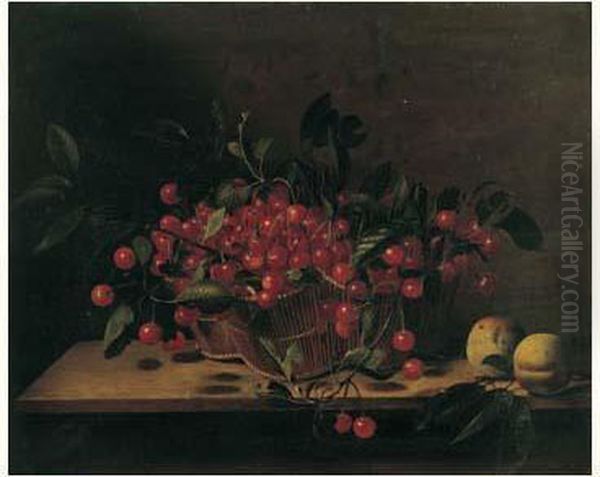 Nature Morte Au Panier De Cerises Et Peches Sur Un Entablement Oil Painting by Francois Garnier