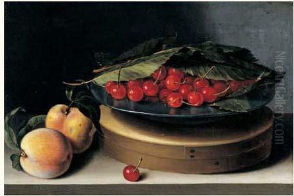 Nature Morte Au Plat De Cerises Sous Des Feuilles De Chataigniers Pose Sur Une Boite De Copeaux Pres De Deux Peches Oil Painting by Francois Garnier