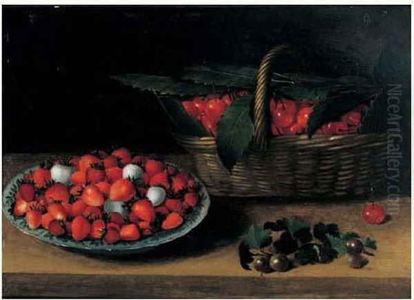 Nature Morte Au Panier De Cerises Et A La Coupe De Fraises Sur Un Entablement Oil Painting by Francois Garnier