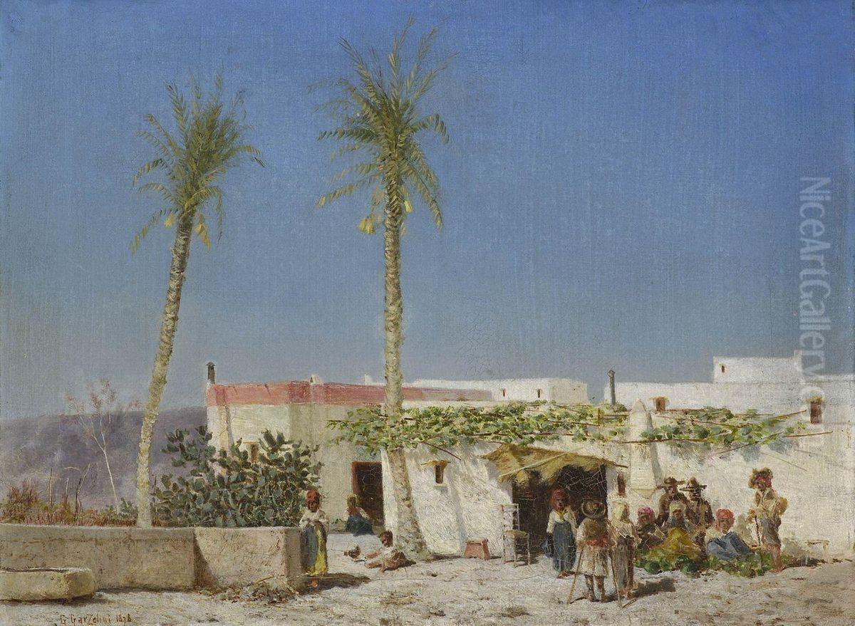 Bauerliches Idyll In Nordafrikanischem (?) Dorf Oil Painting by Giuseppe Garzolini