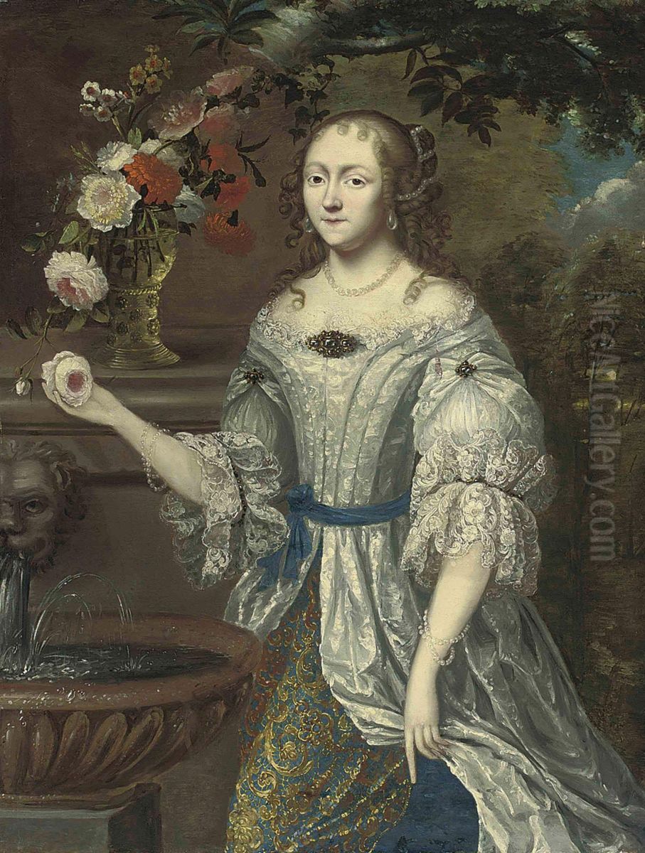 Portrait Of A Lady Traditionally Identified As Madame Ninon DeLenclos (1620-1705), Three-quarter-length, In A Lace-trimmed BlueAnd Gray Dress, With Roses, Narcissi And Other Flowers In A RoemerOn A Ledge, Beside A Classical Fountain Oil Painting by Henri Gascard