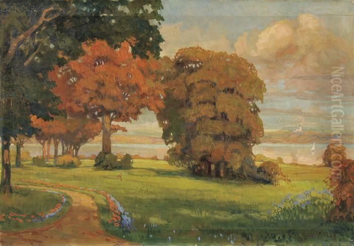 Autumn Landscape By A Lake Oil Painting by Anna Sophie Gasteiger