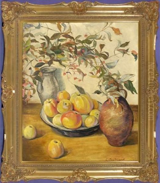 Stilleben Mit Apfeln In Einer Zinnschale, Zwei Tonkrugen Und Blutenzweig Oil Painting by Anna Sophie Gasteiger