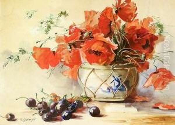 Stilleben Mit Mohnblumen Und Kirschen Oil Painting by Anna Sophie Gasteiger