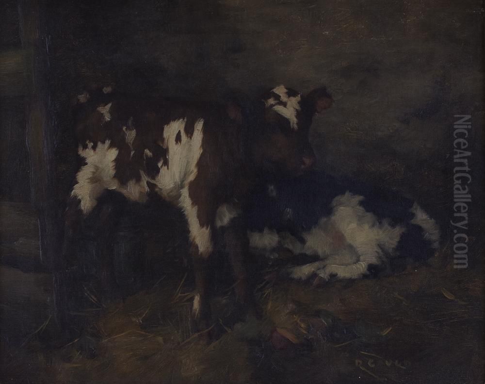 Calves In A Stable Interior Oil Painting by David Gauld