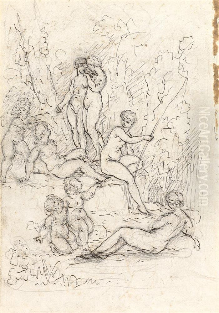 Diana Bathing. Verso: The Danaides Oil Painting by Giovanni Battista (Baciccio) Gaulli