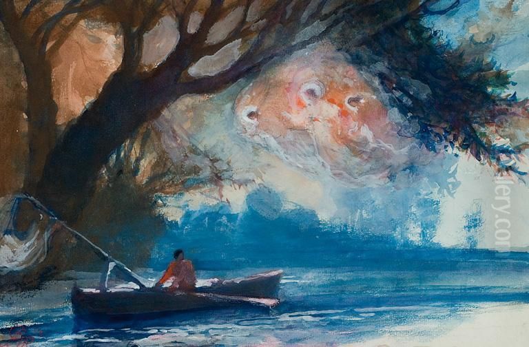 Objawienie Aniolow Rybakowi Nad Rzeka Oil Painting by Antoni Gawinski