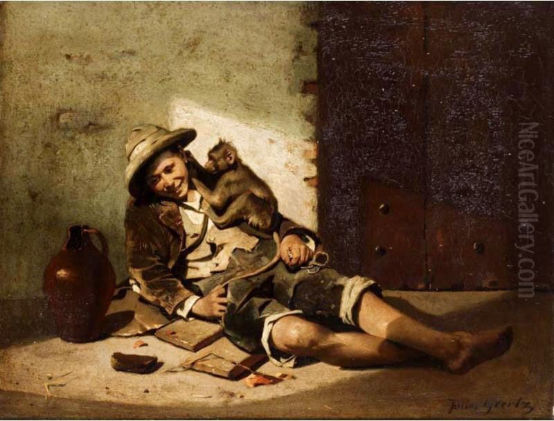 Boy With Monkey Oil Painting by Julius Geertz