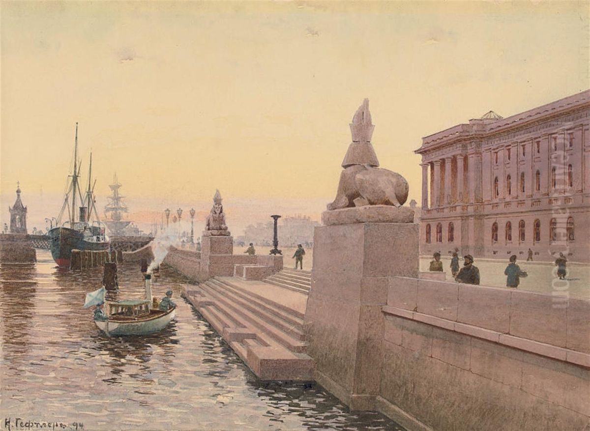 The Sphinxes On The Neva Embankment Oil Painting by Karl Geftler