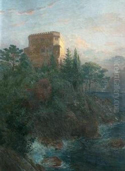 Abendstimmung Uber Mediterraner Kustenlandschaft Mit Einer Villa Oil Painting by Fritz Gehrke